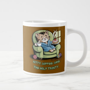 Cozy Kitten with Coffee and Cake – Funny Cat Large Coffee Mug