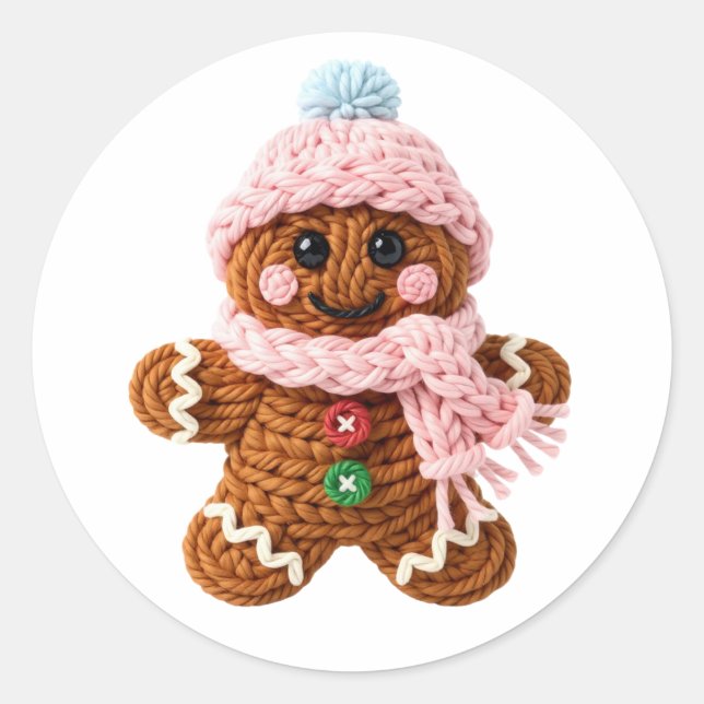 Cozy Knitted Gingerbread Winter Character Classic Round Sticker (Front)
