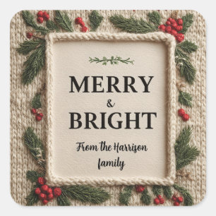 Cozy Knitted "Merry & Bright" Christmas Design Square Sticker