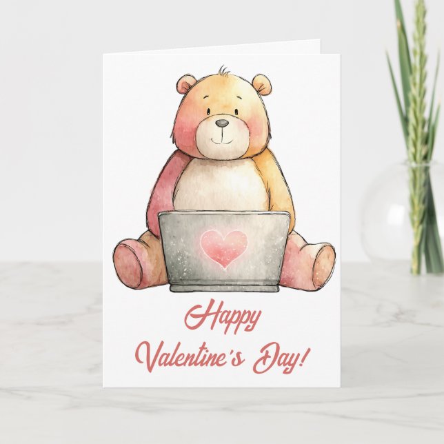 Cozy Laptop Bear Valentine`s Day Card (Front)