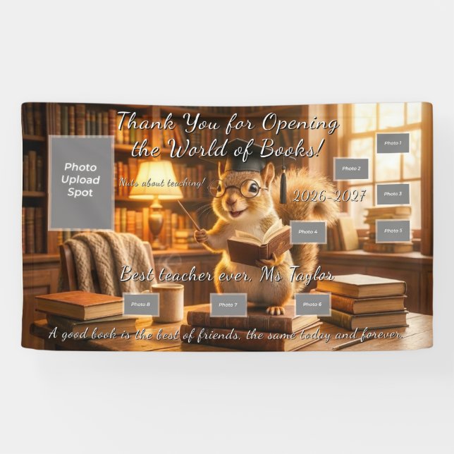 Cozy Library Squirrel Teacher Appreciation Banner (Horizontal)