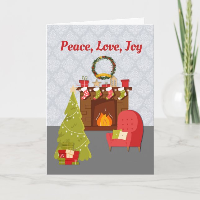 Cozy Living Room, Christmas, Peace Love Joy Holiday Card (Front)