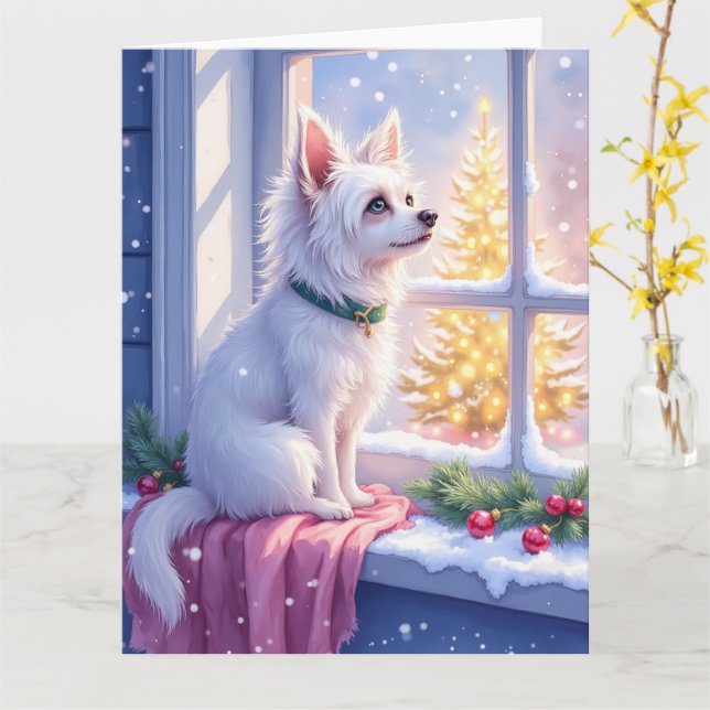 Cozy Maltese by Snowy Window Christmas Dog Art Card (Yellow Flower)