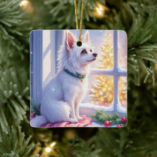 Cozy Maltese by Snowy Window Christmas Dog Art Ceramic Ornament