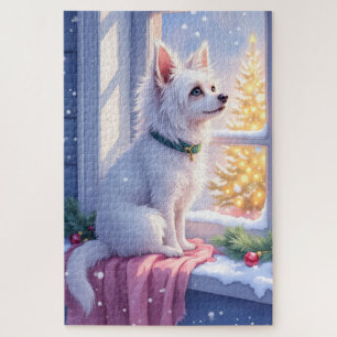 Cozy Maltese by Snowy Window Christmas Dog Art Jigsaw Puzzle