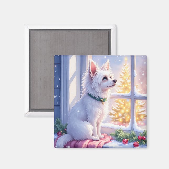 Cozy Maltese by Snowy Window Christmas Dog Art Magnet (Front/Back)