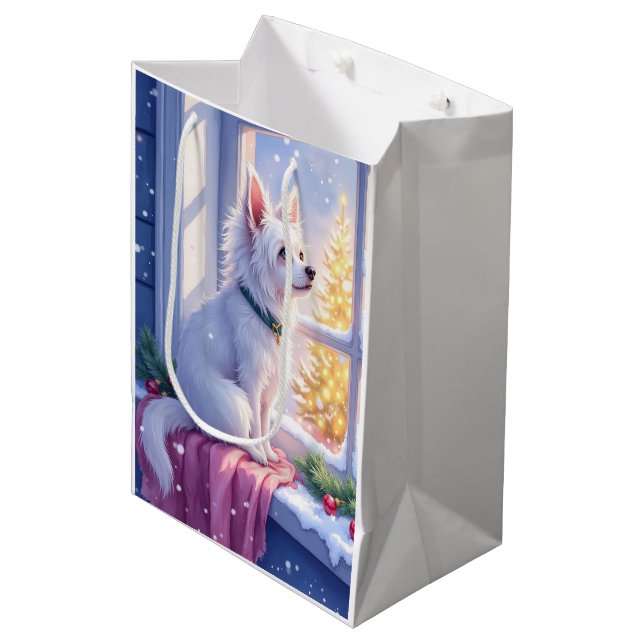 Cozy Maltese by Snowy Window Christmas Dog Art Medium Gift Bag (Front Angled)
