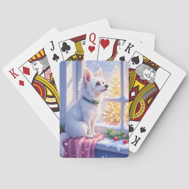 Cozy Maltese by Snowy Window Christmas Dog Art Playing Cards (Back)
