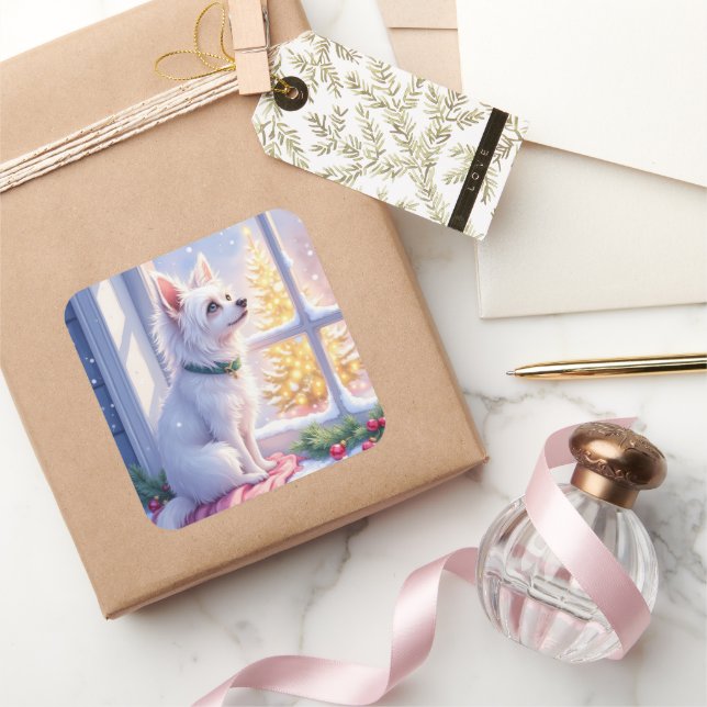 Cozy Maltese by Snowy Window Christmas Dog Art Square Sticker (Gifting)