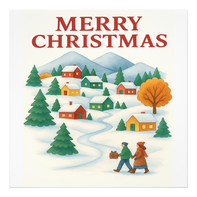 Cozy Merry Christmas Winter Village Photo Tile Print (Front)