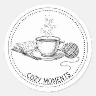 Cozy Moments Coffee Book & Knitting Minimal ART Classic Round Sticker