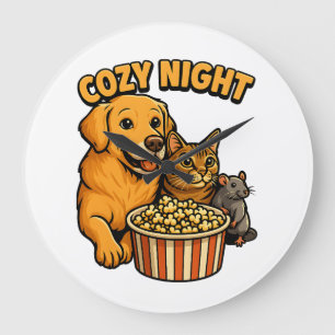 Cozy Night Movie Time – Cute Dog,Cat,Mouse Popcorn Large Clock