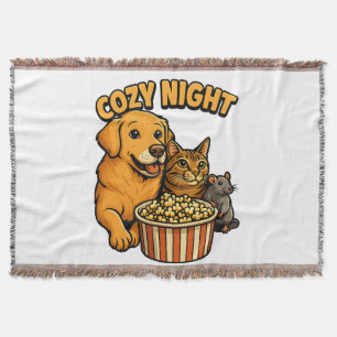Cozy Night Movie Time – Cute Dog,Cat,Mouse Popcorn Throw Blanket