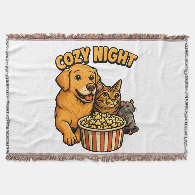 Cozy Night Movie Time – Cute Dog,Cat,Mouse Popcorn Throw Blanket (Front)