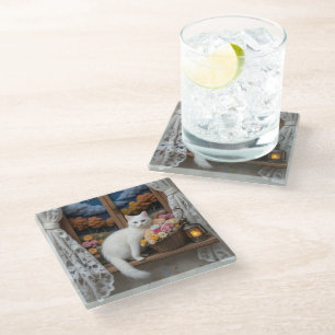 Cozy Nighttime Window Scene Glass Coaster