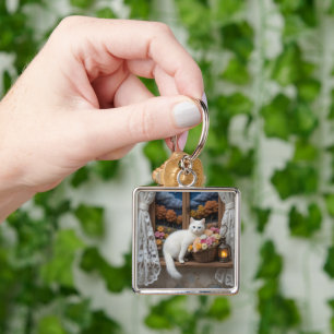Cozy Nighttime Window Scene Key Ring