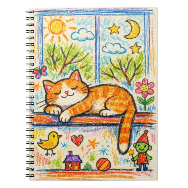 Cozy Orange Cat on Windowsill Whimsical Crayon Art Notebook (Front)