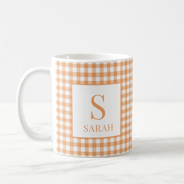 Cozy Orange Gingham Plaid Monogram Name Coffee Mug (Left)
