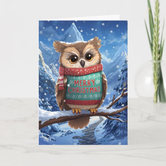 Cozy Owl in the Mountains Christmas Card (Front)