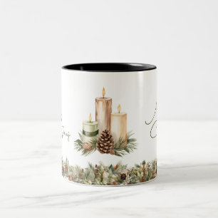 Cozy pastel green and ivory  Christmas candles Two-Tone Coffee Mug