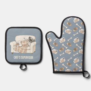 Cozy Paws Collection Silver Blue Oven Mitt & Pot Holder Set
