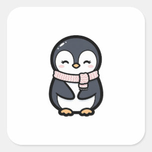 Cozy Penguin – Cute Kawaii Animal Illustration Square Sticker