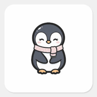 Cozy Penguin – Cute Kawaii Animal Illustration Square Sticker