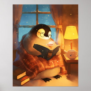 Cozy Penguin Reading Nursery Wall Art Print Poster