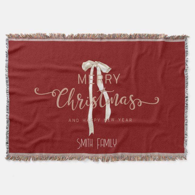 Cozy Personalized Family Name Custom Red Holiday Throw Blanket (Front)