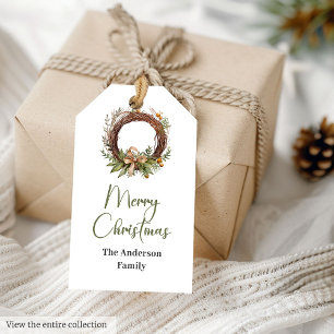 Cozy Pine Wreath Earthy Beige Christmas Gift Tags