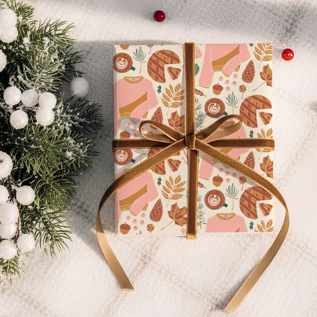 Cozy Pink & Brown Pinecones Plaid Holiday Sweater Wrapping Paper (Creator Uploaded)