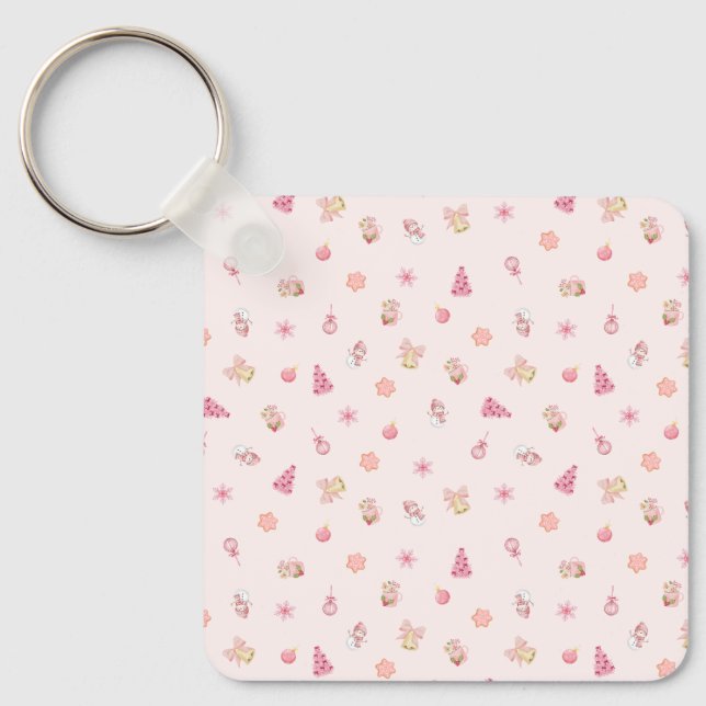 Cozy Pink Christmas Pattern Key Ring (Front)