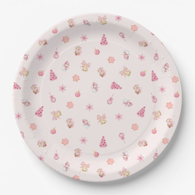 Cozy Pink Christmas Pattern Paper Plate (Front)