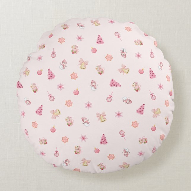 Cozy Pink Christmas Pattern Round Cushion (Front)