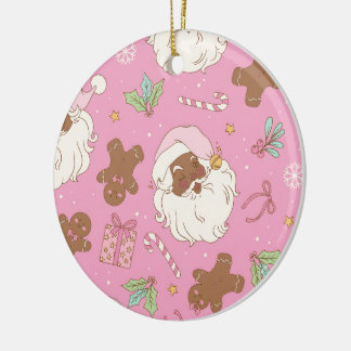 Cozy Pink Pastel Black Santa & Bow Christmas Ceramic Tree Decoration