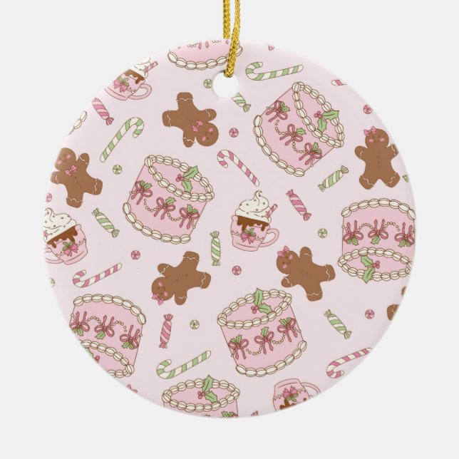Cozy Pink Pastel Cake & Bow Christmas Apron Ceramic Tree Decoration (Front)