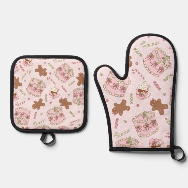 Cozy Pink Pastel Cake & Bow Christmas Apron Oven Mitt & Pot Holder Set (Front)