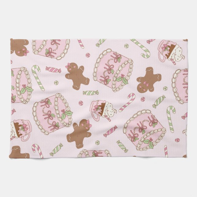 Cozy Pink Pastel Cake & Bow Christmas Apron Tea Towel (Horizontal)