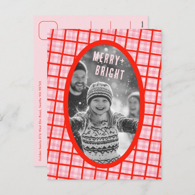Cozy Plaid Gingham Christmas Custom Photo Collage Holiday Postcard (Front/Back)