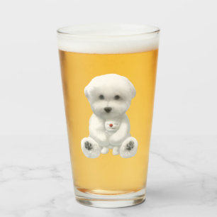 Cozy Plush Moment: Smiling Bichon Hugging Mini Pup Glass
