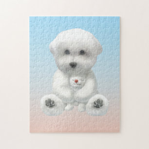 Cozy Plush Moment: Smiling Bichon Hugging Mini Pup Jigsaw Puzzle