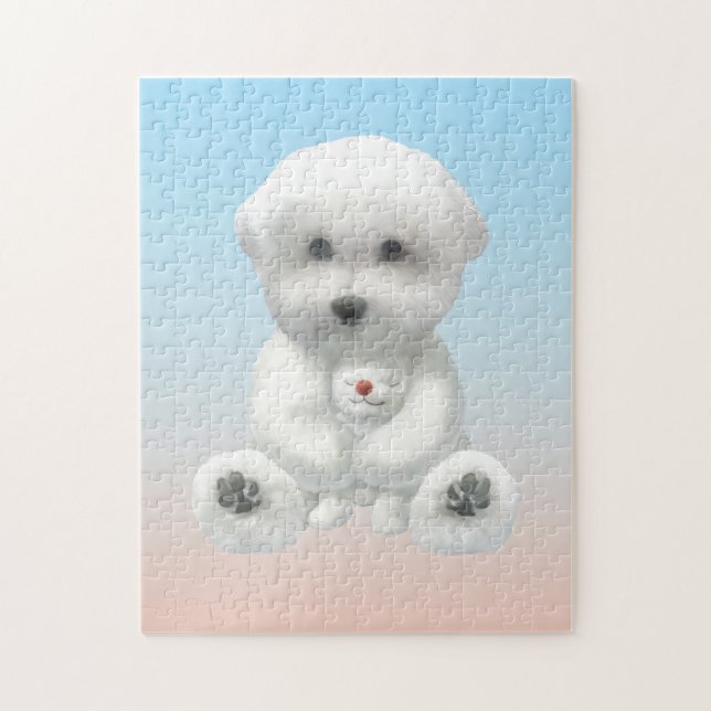 Cozy Plush Moment: Smiling Bichon Hugging Mini Pup Jigsaw Puzzle (Vertical)
