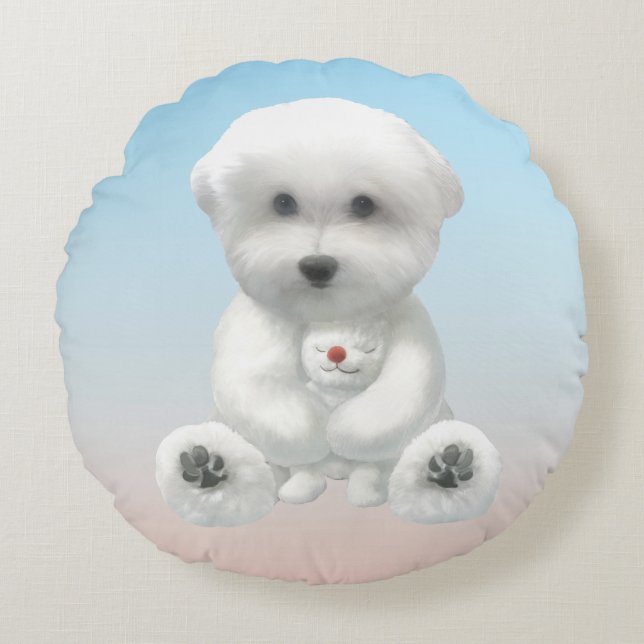 Cozy Plush Moment: Smiling Bichon Hugging Mini Pup Round Cushion (Front)