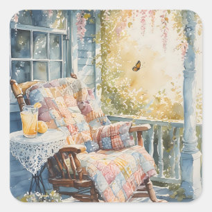 Cozy Porch with Quilt and Lemonade Charm Square Sticker