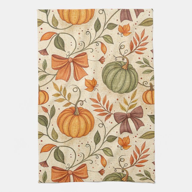 Cozy Pumpkin Botanical Autumn Seamless Pattern (1) Tea Towel (Vertical)