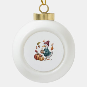 Cozy Pumpkin Coffee Goose Fall Art Ceramic Ball Christmas Ornament