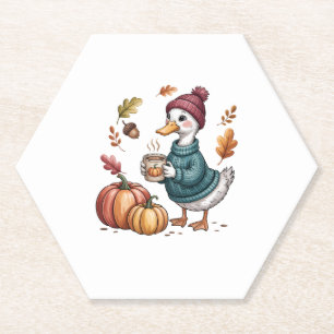 Cozy Pumpkin Coffee Goose Fall Art Paper Coaster