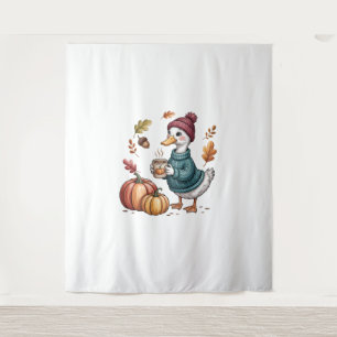 Cozy Pumpkin Coffee Goose Fall Art Tapestry