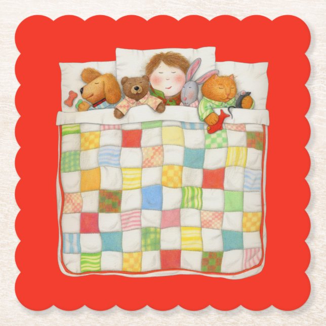 COZY QUILT Scalloped Square Paper Coasters - Red (Front)
