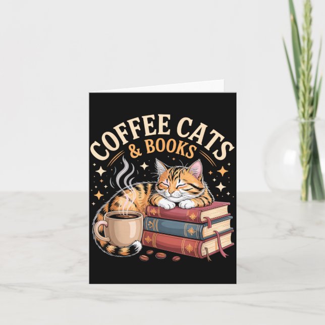 Cozy Reading Cat Coffee And Books Lover Artwork  Card (Front)